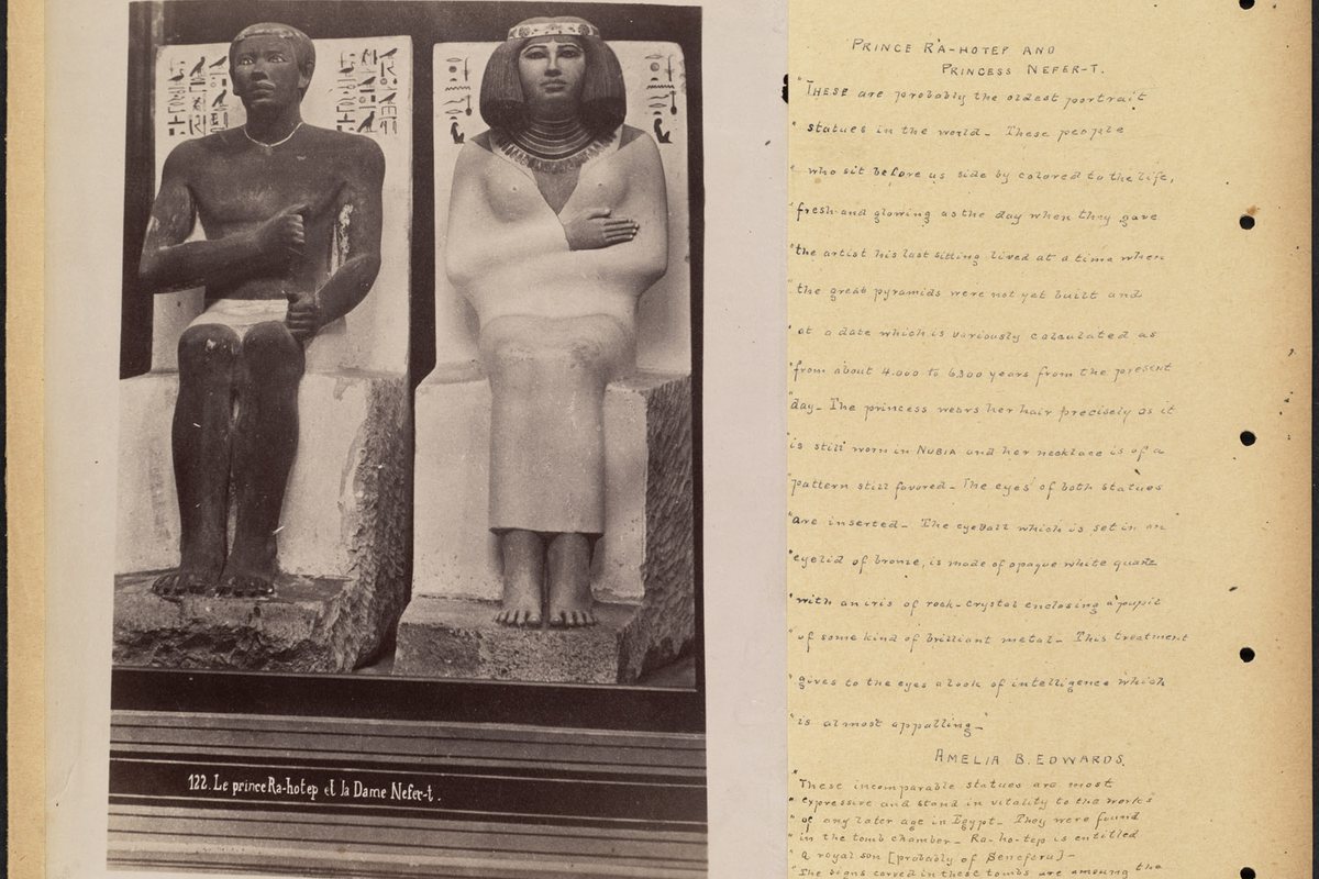 Seated statues of Rahotep and Nofret displayed together